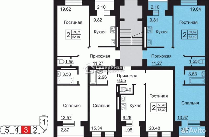 2-к квартира, 62.1 м², 1/4 эт.