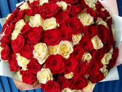 Роза красная+белая с атласной лентой