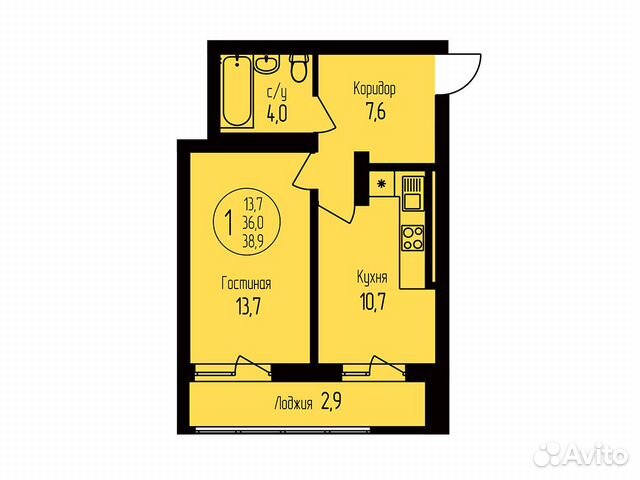 1-к квартира, 38.9 м², 9/19 эт. 1-к квартира, 38.9 м², 9/19 эт.