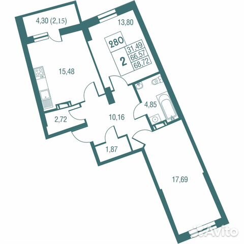 2-к квартира, 68.7 м², 12/25 эт.