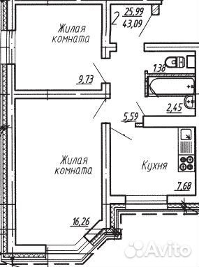 2-к квартира, 43.1 м², 2/17 эт.