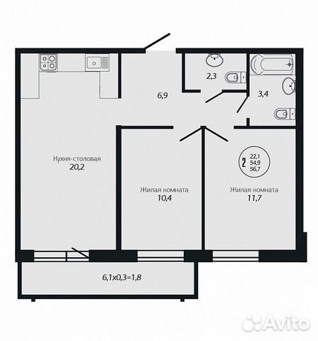 2-к квартира, 56.7 м², 2/19 эт.