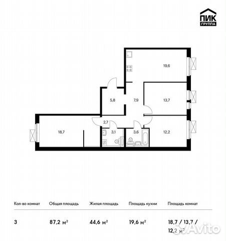 3-к квартира, 87.2 м², 3/17 эт. 3-к квартира, 87.2 м², 3/17 эт.