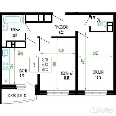 2-к квартира, 46.1 м², 22/24 эт. 2-к квартира, 46.1 м², 22/24 эт.