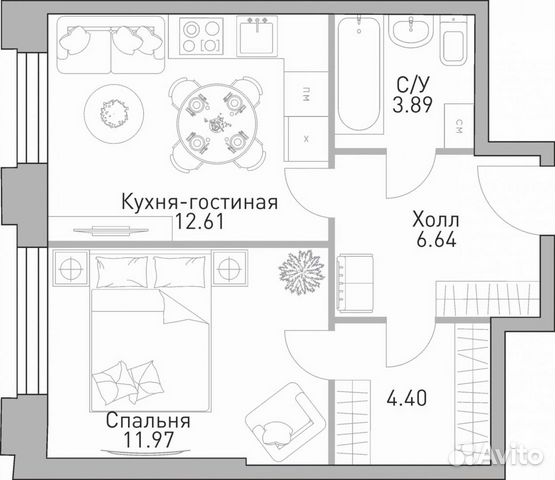 1-к квартира, 46.5 м², 28/39 эт.