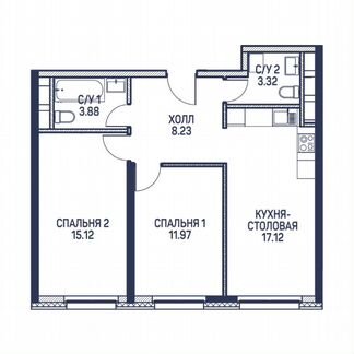 2-к квартира, 59.6 м², 3/22 эт.