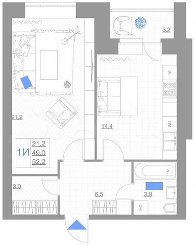 1-к. квартира, 52,2 м², 3/5 эт.