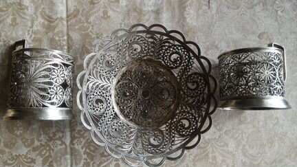 Подстаканник, конфетница. Скань. Филигрань. Мельх