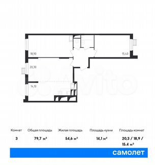 3-к квартира, 79.7 м², 19/19 эт.