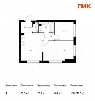 2-к квартира, 58.3 м², 29/32 эт.