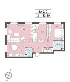 3-к квартира, 83.3 м², 2/29 эт.