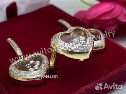 Золотые серьги и кольцо Chopard сердце happy diam